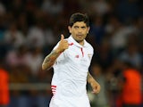 Ever Banega of Sevilla gives the thumbs up after scoring the oprning goal during the UEFA Super Cup between Barcelona and Sevilla FC at Dinamo Arena on August 11, 2015 