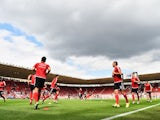 Southampton players warm up ahead of the game with Everton on August 15, 2015