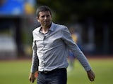 Gazelec Ajaccio's head coach Thierry Laurey (R) reacts at the end of the French L2 football match between Creteil Lusitanos vs Gazelec Ajaccio on May 9, 2015