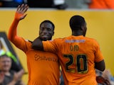 Wolves striker Nouha Dicko celebrates after scoring the first Wolves goal during the Capital One Cup First Round match between Wolverhampton Wanderers and Newport County at Molineux on August 11, 2015