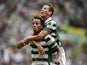 Sporting's Peruvian forward Andre Carrillo (L) celebrates with his teammate Sporting's defender Joao Pereira (R) after scoring against Pacos de Ferreira during the Portuguese league football match Sporting CP vs FC Pacos de Ferreira at the Jose Alvalade s