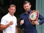 Billy Joe Saunders and Andy Lee pose with their fists after attending a press conference in Manchester on August 17, 2015