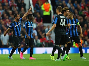 Victor Vazquez of Club Brugge celebrates the own goal scored by Michael Carrick of Manchester United during the UEFA Champions League Qualifying Round Play Off First Leg match between Manchester United and Club Brugge at Old Trafford on August 18, 2015