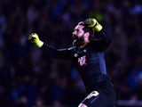 Scott Carson of Derby County reacts after teamate Johnny Russell scored during the Sky Bet Championship match between Derby County and Middlesbrough at Pride Park Stadium on August 18, 2015
