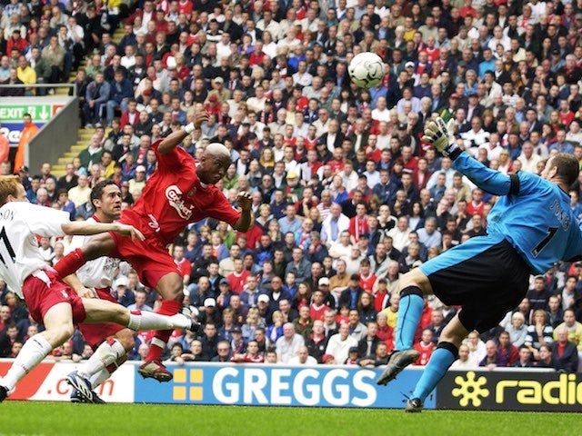 El-Hadji Diouf of Liverpool scores against Southampton on August 24, 2002