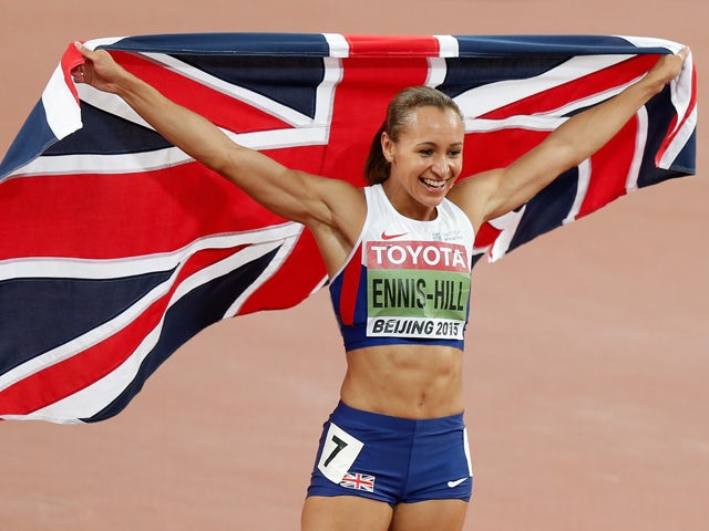 Jessica Ennis-Hill of Great Britain celebrates after winning the Women's Heptathlon 800 metres and the overall Heptathlon gold during day two of the 15th IAAF World Athletics Championships Beijing 2015 at Beijing National Stadium on August 23, 2015