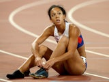 Katarina Johnson-Thompson of Great Britain reacts after competing in the Women's Heptathlon 200 metres during day one of the 15th IAAF World Athletics Championships Beijing 2015 at Beijing National Stadium on August 22, 2015