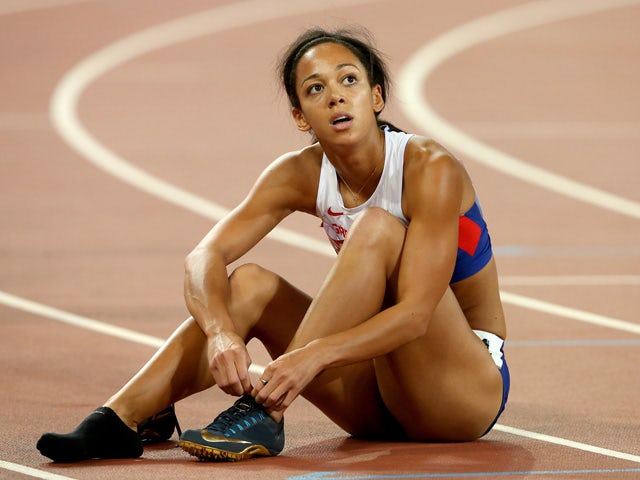 Katarina Johnson-Thompson of Great Britain reacts after competing in the Women's Heptathlon 200 metres during day one of the 15th IAAF World Athletics Championships Beijing 2015 at Beijing National Stadium on August 22, 2015