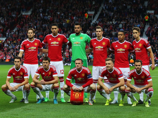The Manchester United team pose during the UEFA Champions League Qualifying Round Play Off First Leg match between Manchester United and Club Brugge at Old Trafford on August 18, 2015