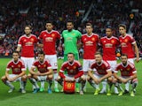 The Manchester United team pose during the UEFA Champions League Qualifying Round Play Off First Leg match between Manchester United and Club Brugge at Old Trafford on August 18, 2015