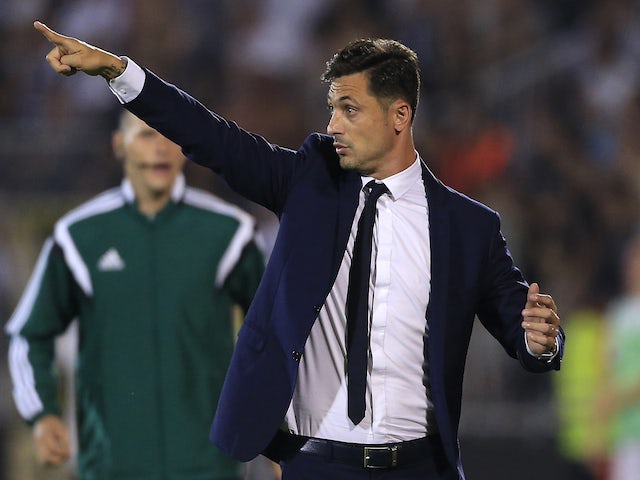 Coach Mirel Radoi gives instruction to the players during the UEFA Champions League Third Qualifying Round Second Leg match between FC Partizan Belgrade and FC Steaua Bucharest at FC Partizan stadium in Belgrade, Serbia on Wednesday, August 05, 2015