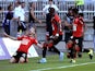 Rennes' forward Pedro Henrique celebrates after scoring a goal during the French L1 football match Lyon (OL) vs Rennes (SRFC) on August 22, 2015
