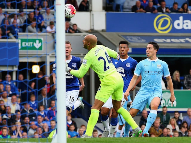 Samir Nasri of Manchester City scores his team's second goal during the Barclays Premier League match between Everton and Manchester City at Goodison Park on August 23, 2015