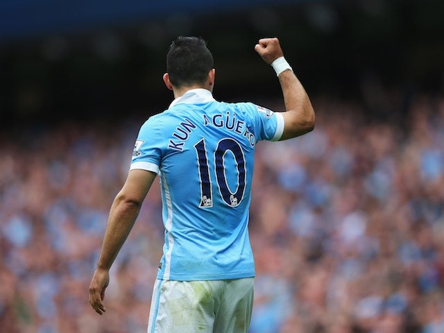 Sergio Aguero celebrates scoring the opener for Man City against Chelsea on August 16, 2015