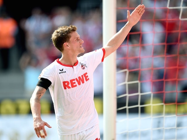 Cologne's striker Simon Zoller reacts during the German first division Bundesliga football match FC Koeln v VfL Wolfsburg , on August 22, 2015
