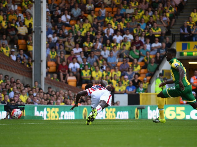 Mame Biram Diouf of Stoke City scores his team's first goal during the Barclays Premier League match between Norwich City and Stoke City at Carrow Road on August 22, 2015 
