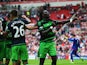 Bafetimbi Gomis (1st R) of Swansea City celebrates scoring his team's first goal during the Barclays Premier League match between Sunderland and Swansea City at the Stadium of Light on August 22, 2015