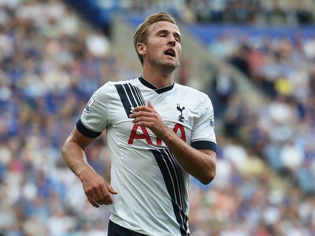 Harry Kane of Tottenham Hotspur reacts after missing a chance during the Barclays Premier League match between Leicester City and Tottenham Hotspur at The King Power Stadium on August 22, 2015