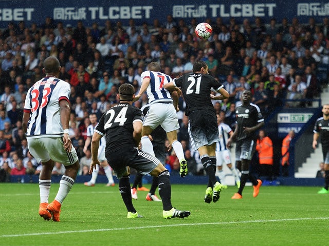 James Morrison of West Bromwich Albion scores his team's second goal with a header during the Barclays Premier League match between West Bromwich Albion and Chelsea at The Hawthorns on August 23, 2015 