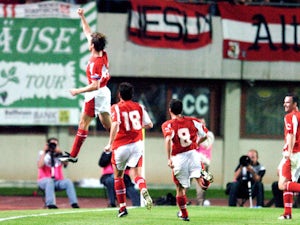 Austrian captain Andreas Ivanschnitz followed by his teammates celebrates Austria's winning goal to 2-1 against England during a FIFA World Cup 2006 qualifying match between Austria and England in Vienna on 04 September 2004