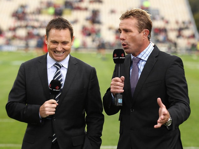 Sky tv commentators Andrew Mehrtens and Justin Marshall Sky commentators during the round one Super Rugby match between the Crusaders and the Rebels at AMI Stadium on February 13, 2015