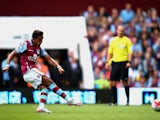 Scott Sinclair of Aston Villa scores his team's first goal from the penalty spot during the Barclays Premier League match between Aston Villa and Sunderland at Villa Park on August 29, 2015