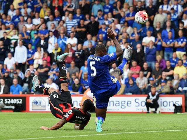 Callum Wilson of Bournemouth scores his team's first goal with a bicycle kick during the Barclays Premier League match between A.F.C. Bournemouth and Leicester City at Vitality Stadium on August 29, 2015 