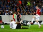 Wayne Rooney of Manchester United scores his hat trick goal during the UEFA Champions League qualifying round play off 2nd leg match between Club Brugge and Manchester United held at Jan Breydel Stadium on August 26, 2015 in Brugge, Belgium.