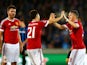Ander Herrera of Manchester United celebrates scoring his team's fourth goal with Bastian Schweinsteiger of Manchester United during the UEFA Champions League qualifying round play off 2nd leg match between Club Brugge and Manchester United held at Jan Br