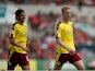 Ben Mee of Burnley celebrates scoring the opening goal with George Boyd during the Sky Bet Championship match between Bristol City and Burnley at Ashton Gate on August 29, 2015
