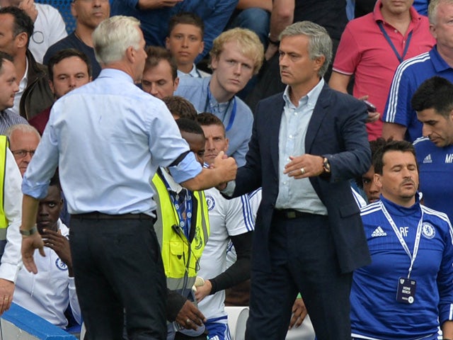 Crystal Palace's English manager Alan Pardew shakes hands with Chelsea's Portuguese manager Jose Mourinho after the English Premier League football match between Chelsea and Crystal Palace at Stamford Bridge in London on August 29, 2015