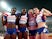 Christine Ohuruogu of Great Britain, Anyika Onuora of Great Britain, Eilidh Child of Great Britain and Seren Bundy-Davies of Great Britain celebrate after winning bronze in the Women's 4x400 Relay Final during day nine of the 15th IAAF World Athletics Cha