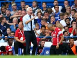 Alan Pardew Manager of Crystal Palace gestures in the Barclays Premier League match between Chelsea and Crystal Palace at Stamford Bridge on August 29, 2015