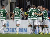 Sporting's players celebrate a goal during the UEFA Champions League play-offs, second leg football match between CSKA Moscow and Sporting CP, at the Khimki Arena outside Moscow on August 26, 2015.