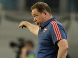 CSKA Moscow's coach Leonid Slutsky gestures during the UEFA Champions League play-offs, second leg football match between CSKA Moscow and Sporting CP, at the Khimki Arena outside Moscow on August 26, 2015.
