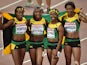 Jamaica's Elaine Thompson, Jamaica's Shelly-Ann Fraser-Pryce, Jamaica's Veronica Campbell-Brown and Jamaica's Natasha Morrison pose after winning the final of the women's 4x100 metres relay athletics event at the 2015 IAAF World Championships at the 'Bird