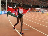 Hyvin Kiyeng Jepkemoi of Kenya celebrates after crossing the finish line to win gold in the Women's 3000 metres steeplechase final during day five of the 15th IAAF World Athletics Championships Beijing 2015 at Beijing National Stadium on August 26, 2015