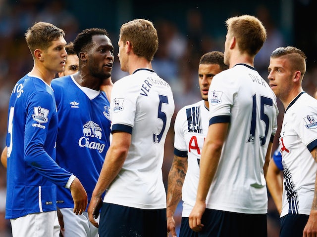 John Stones (1st L) and Romelu Lukaku (2nd L) of Everton face off with Jan Vertonghen (3rd L), Eric Dier (2nd R) and Toby Alderweireld (1st R) of Tottenham Hotspur during the Barclays Premier League match between Tottenham Hotspur and Everton at White Har