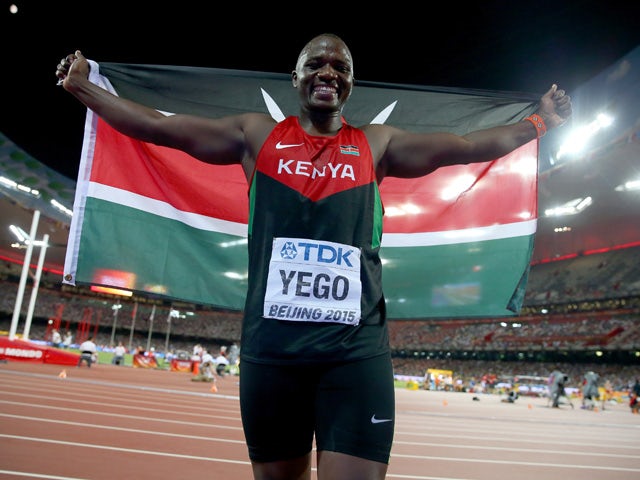 Julius Yego of Kenya celebrates after winning gold in the Men's Javelin final during day five of the 15th IAAF World Athletics Championships Beijing 2015 at Beijing National Stadium on August 26, 2015