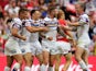 Leeds Rhinos celebrate after scoring a try during the Ladbrokes Challenge Cup Final between Leeds Rhinos and Hull KR at Wembley Stadium on August 29, 2015