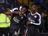 Joseph Dodoo of Leicester City celebrates his hat trick with Jeffrey Schlupp during the Capital One Cup second round match between Bury and Leicester City at Gigg Lane on August 25, 2015