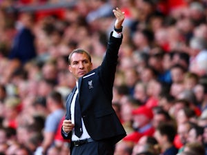 Brendan Rodgers, manager of Liverpool gesstures during the Barclays Premier League match between Liverpool and West Ham United at Anfield on August 29, 2015