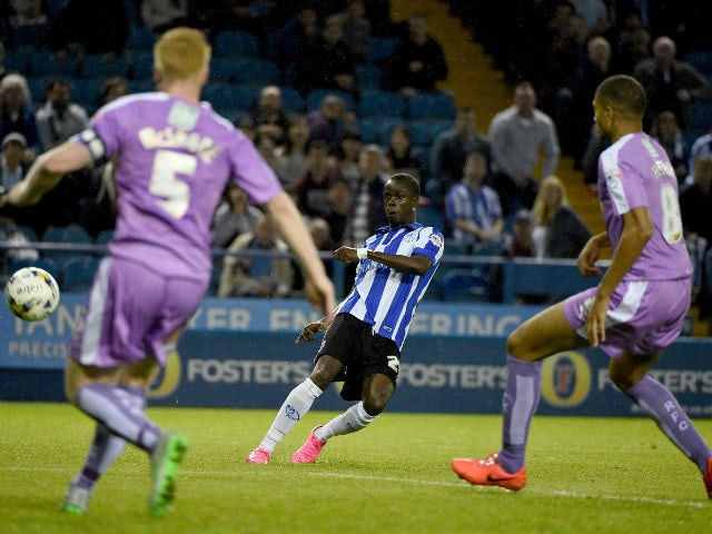 Modou Sougou of Sheffield Wesnesday scores his teams only goal during the Sky Bet Championship match between Sheffield Wednesday and Reading at Hillsborough Stadium on August 19, 2015 in Sheffield, England.