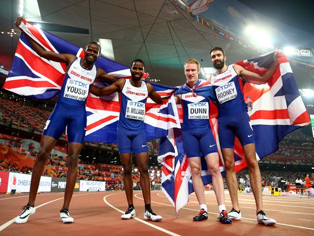 Rabah Yousif of Great Britain, Delanno Williams of Great Britain, Jarryd Dunn of Great Britain and Martyn Rooney of Great Britain celebrate after winning bronze in the Men's 4x400 Metres Relay final during day nine of the 15th IAAF World Athletics Champio