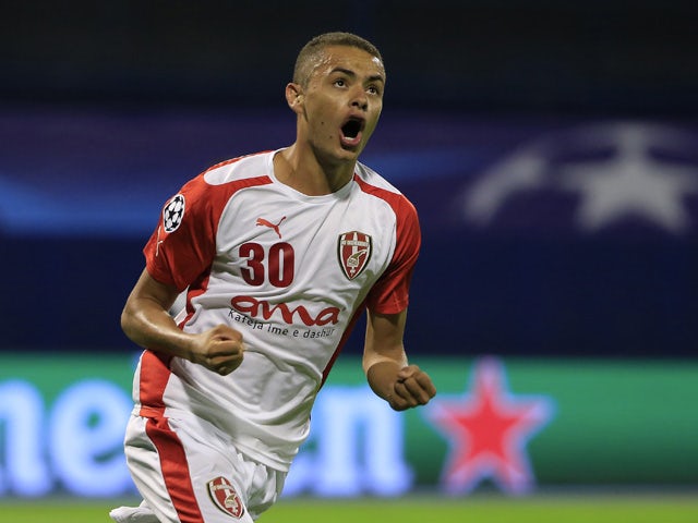 Esquerdinha of KF Skenderbeu celebrates scoring their first goal during the UEFA Champions League Qualifying Round Play Off Second Leg match between Dinamo Zagreb and FC Skenderbeu at Maksimir stadium on August 25, 2015