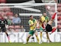 Southampton's Italian striker Graziano Pelle (R) tries an unsuccessful overhead shot during the English Premier League football match between Southampton and Norwich City at St Mary's Stadium in Southampton, southern England on August 30, 2015