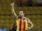 Valencia's forward Alvaro Negredo celebrates after scoring during the UEFA Champions League playoff football match between AS Monaco FC vs Valencia CF, at the Louis II Stadium, in Monaco, on August 25, 2015