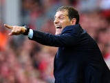 Slaven Bilic manager of West Ham United gestures during the Barclays Premier League match between Liverpool and West Ham United at Anfield on August 29, 2015