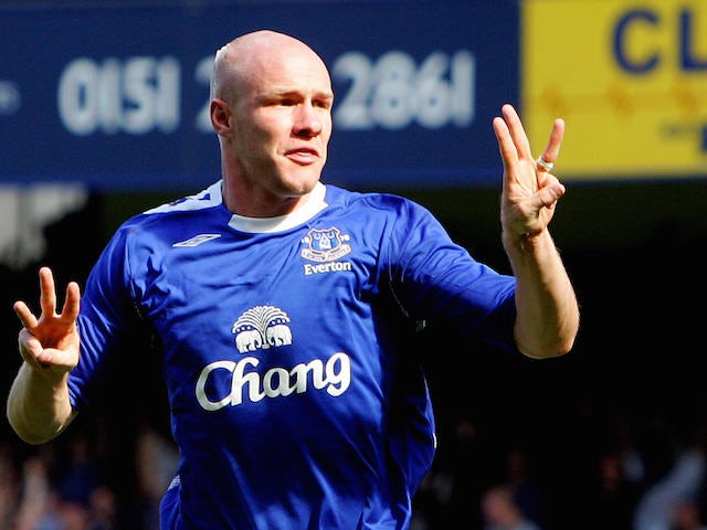 Everton's Andrew Johnson celebrates scoring the third goal against Liverpool during their English Premiership football match at Goodison Park, Liverpool, England, 09 September 2006. Andrew Johnson struck twice to send Liverpool crashing to their first def