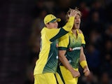 Shane Watson of Australia celebrates with captain Steven Smith after dismissing England captain Eoin Morgan during the 1st Royal London One-Day International match between England and Australia at Ageas Bowl on September 3, 2015